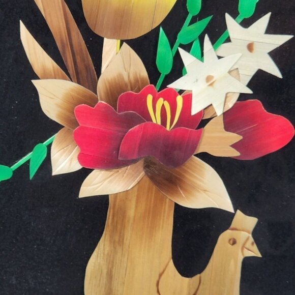 Chinese Asian Wheat Straw Wood Art Tulips Chicken Floral Yellow Red Framed 12x14 - Picture 2 of 5